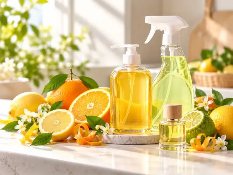 Oranges, lemons and bergamot with hand wash and surface cleaner bottles – citrus aroma chemicals for FMCG products