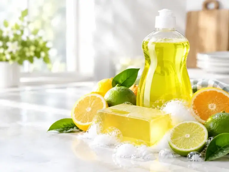 Lemons, limes and oranges with dishwash liquid and glycerine soap – citrus aroma chemicals for soaps and detergents