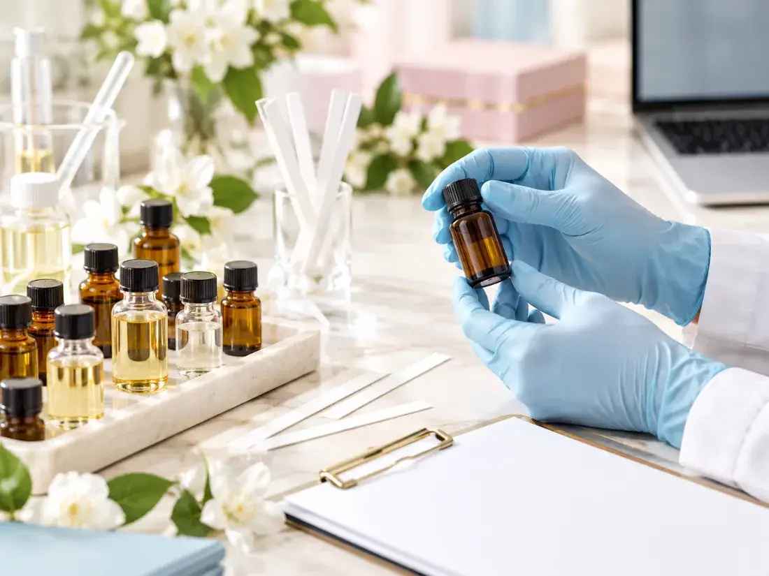 Cosmetic formulator holding an amber aroma chemical sample bottle beside a tray of fragrance ingredient samples