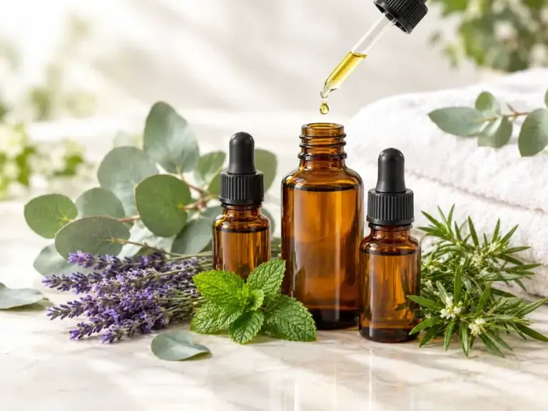 Lavender, eucalyptus, peppermint and tea tree essential oils for personal care
