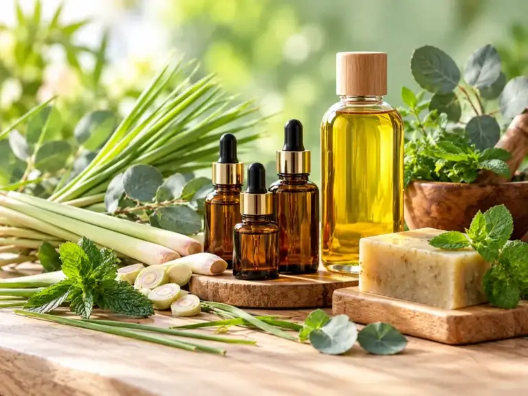 Essential oil bottles with citronella, lemongrass, eucalyptus and mint beside herbal hair oil and soap – essential oils for FMCG products