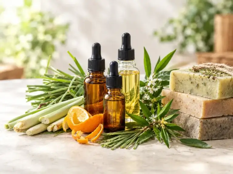Essential oil bottles with lemongrass, citronella, tea tree and orange peel beside handmade soaps – essential oils for soap making