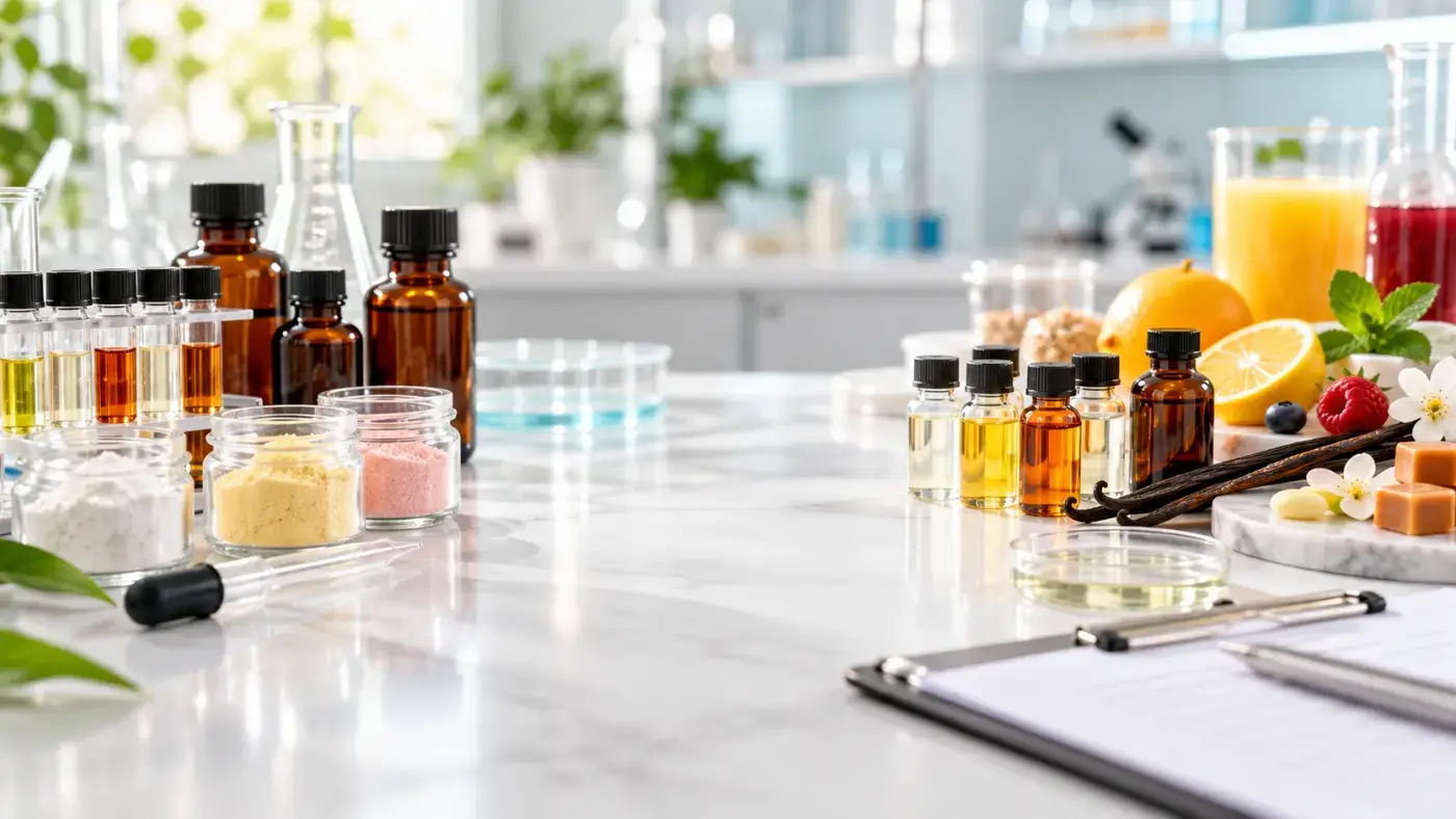 Flavour lab bench with sample bottles, flavour powders and fruit juice – flavour ingredient product enquiry
