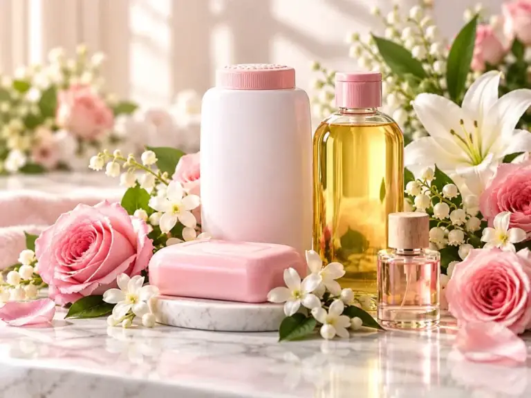 Talcum powder, hair oil and pink soap with roses and jasmine – floral aroma chemicals for FMCG personal care