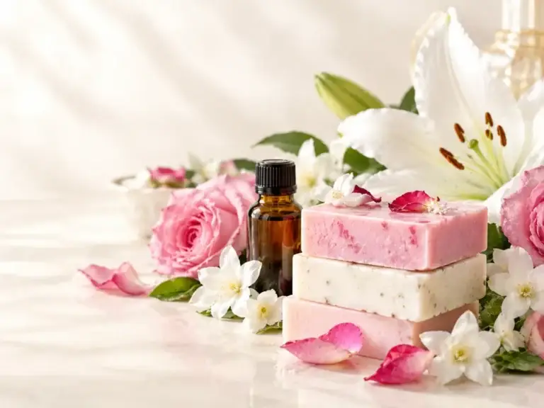 Pink floral beauty soap bars with rose petals and jasmine – floral aroma chemicals for toilet soaps and hand wash