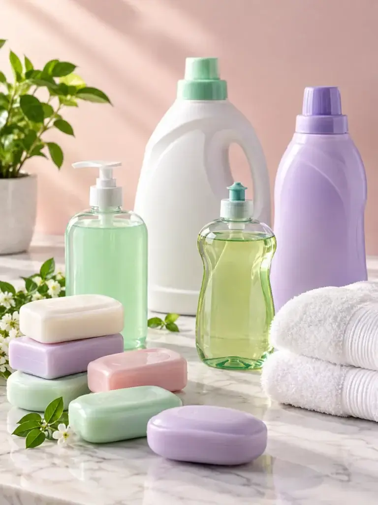 Bar soaps, hand wash, laundry detergent, dishwash and fabric conditioner bottles – applications of soap and detergent fragrance ingredients