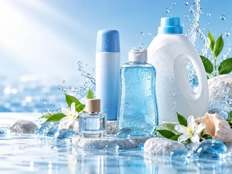 Deodorant, shower gel and detergent bottles with water splashes – fresh and aquatic aroma chemicals for FMCG products