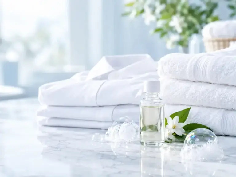 Freshly washed white laundry with fragrance oil vial – fresh and clean aroma chemicals for laundry detergents