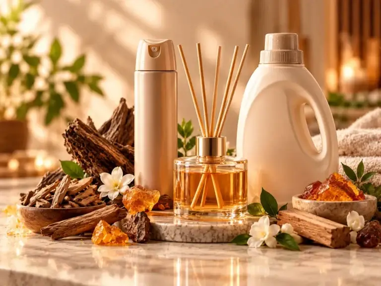 Reed diffuser, air freshener and fabric conditioner with sandalwood and cedarwood – musk and woody fragrance ingredients for FMCG