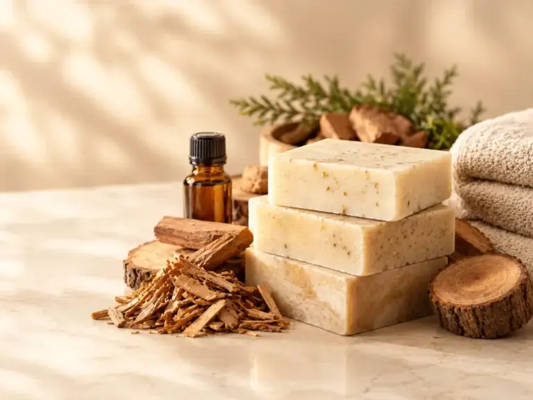 Ivory soap bars with sandalwood chips, cedarwood and amber vial – musk and woody fragrance ingredients for soaps and fabric care