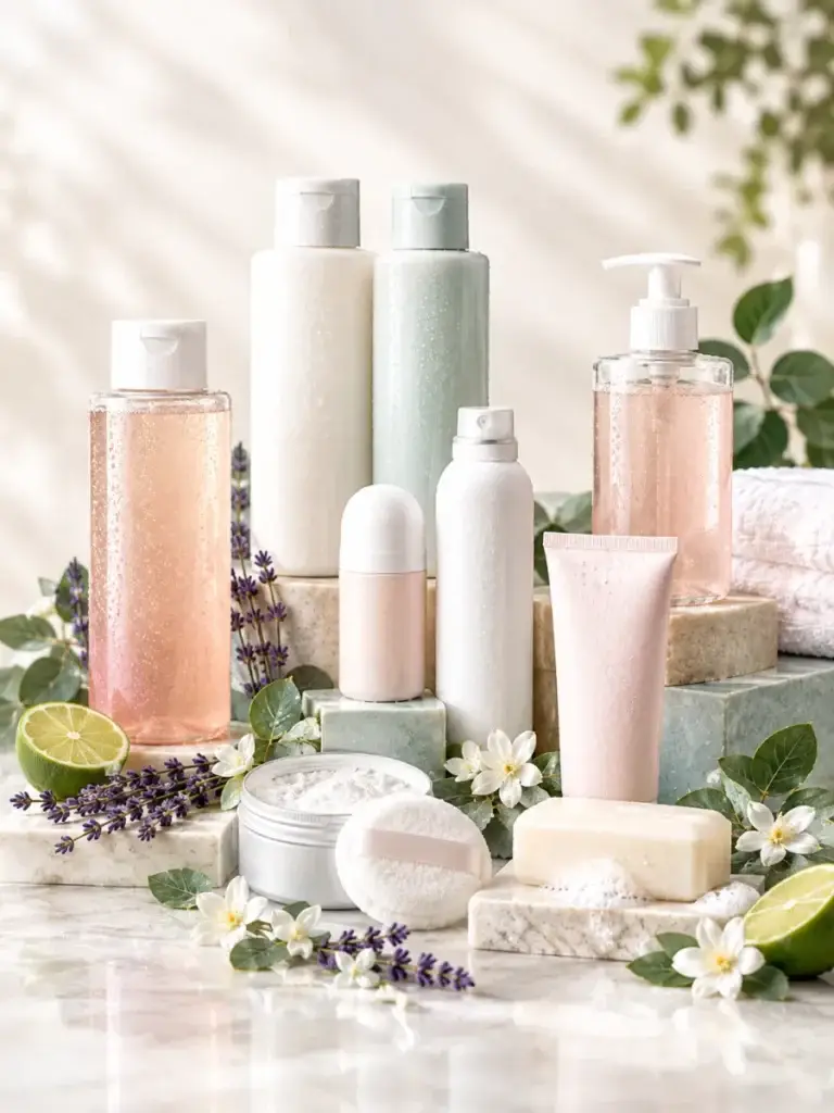 Unbranded shower gel, shampoo, deodorant, hand wash, talcum powder, lotion and soap that use fragrance ingredients