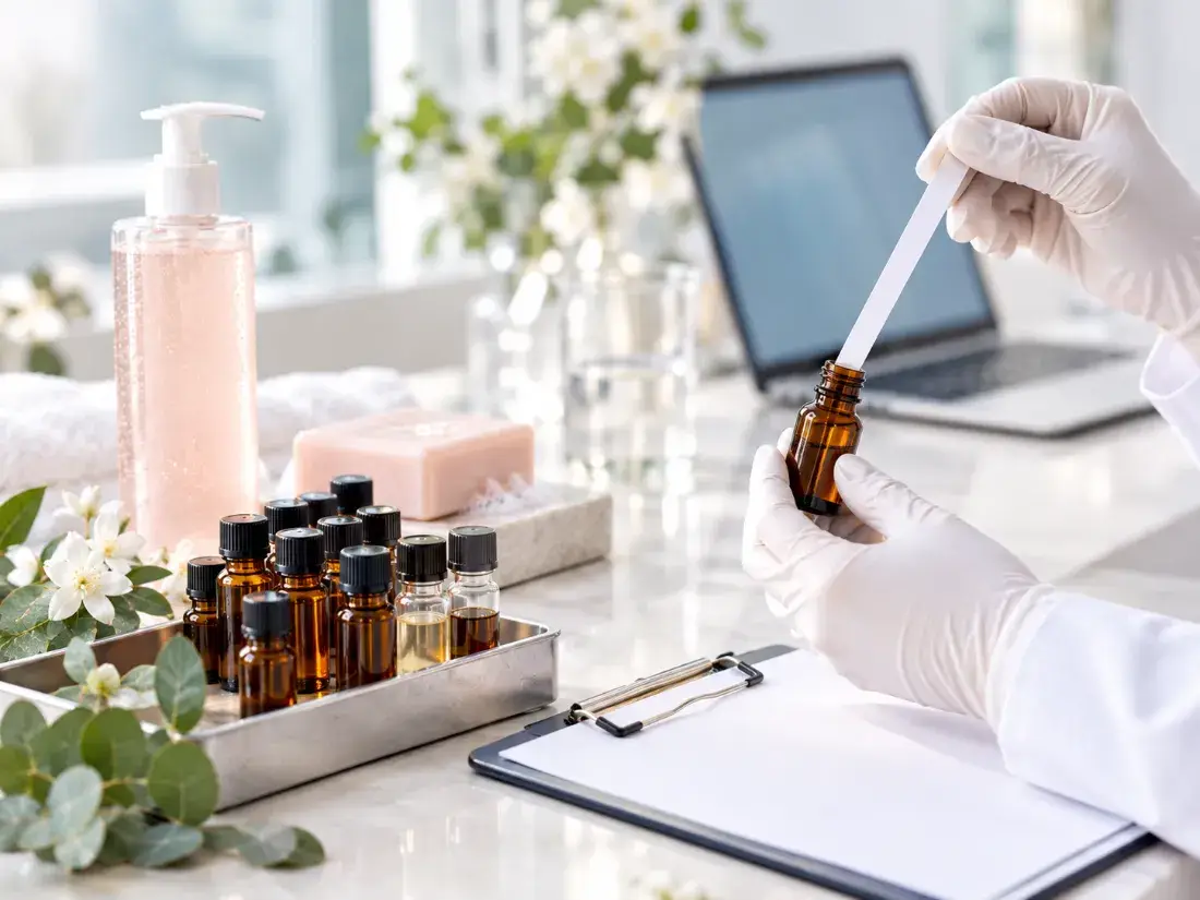 Formulator testing a fragrance smelling strip from an amber aroma chemical sample bottle for personal care