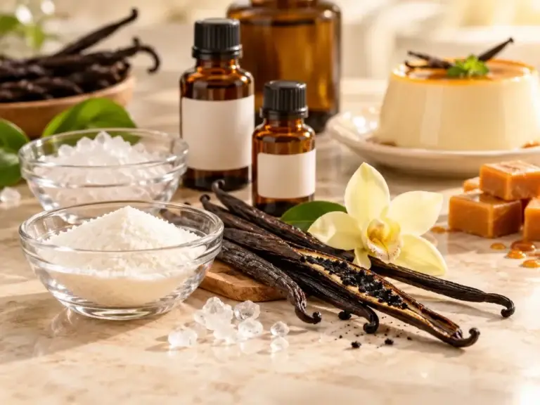 Vanilla pods, vanillin crystals, amber sample bottles, caramel and panna cotta – sweet and vanilla flavour ingredients